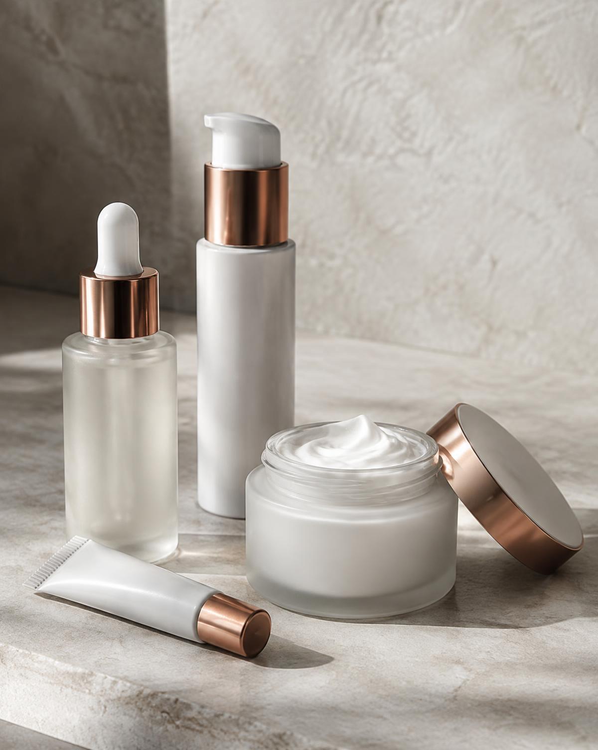 Serum bottle, airless pump, cream jar and tube