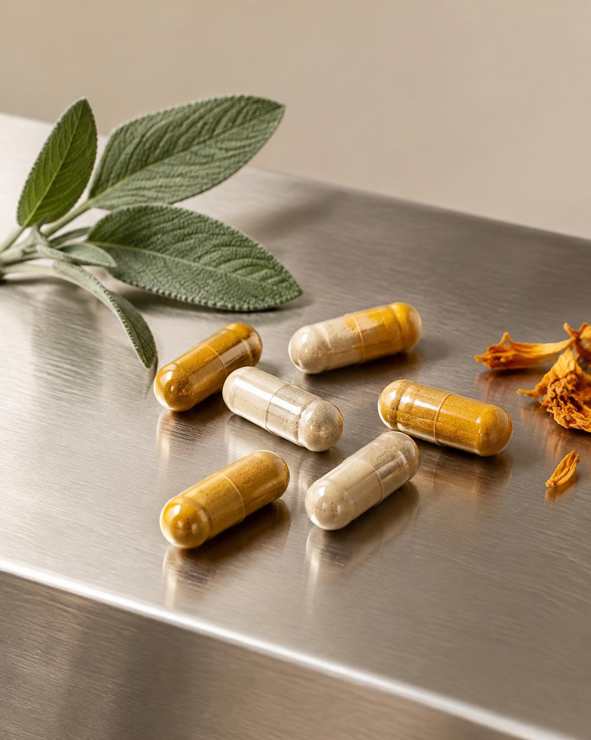 Clear and white HPMC capsules filled with powder on stainless steel