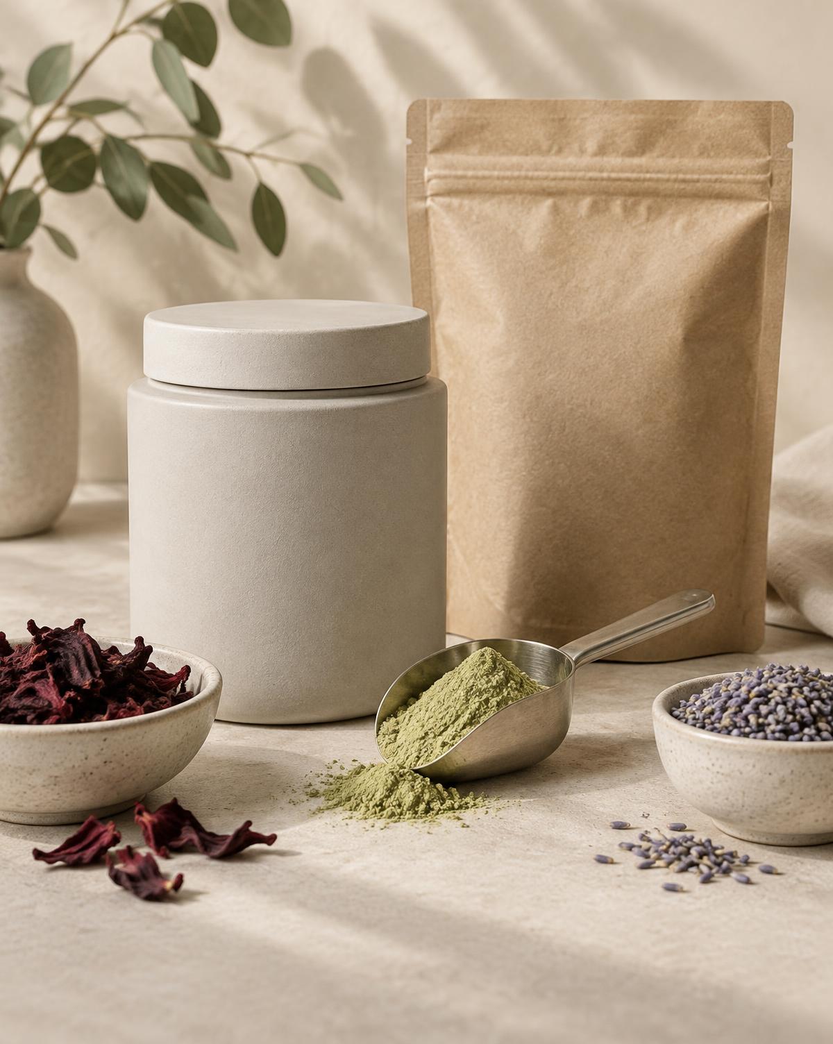 Supplement powder in a jar with scoop beside a stand-up doypack