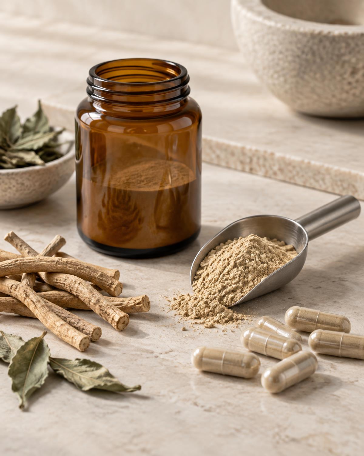 Ashwagandha roots, botanical powder, amber ingredient jar and neutral powder-filled capsules on a stone work surface