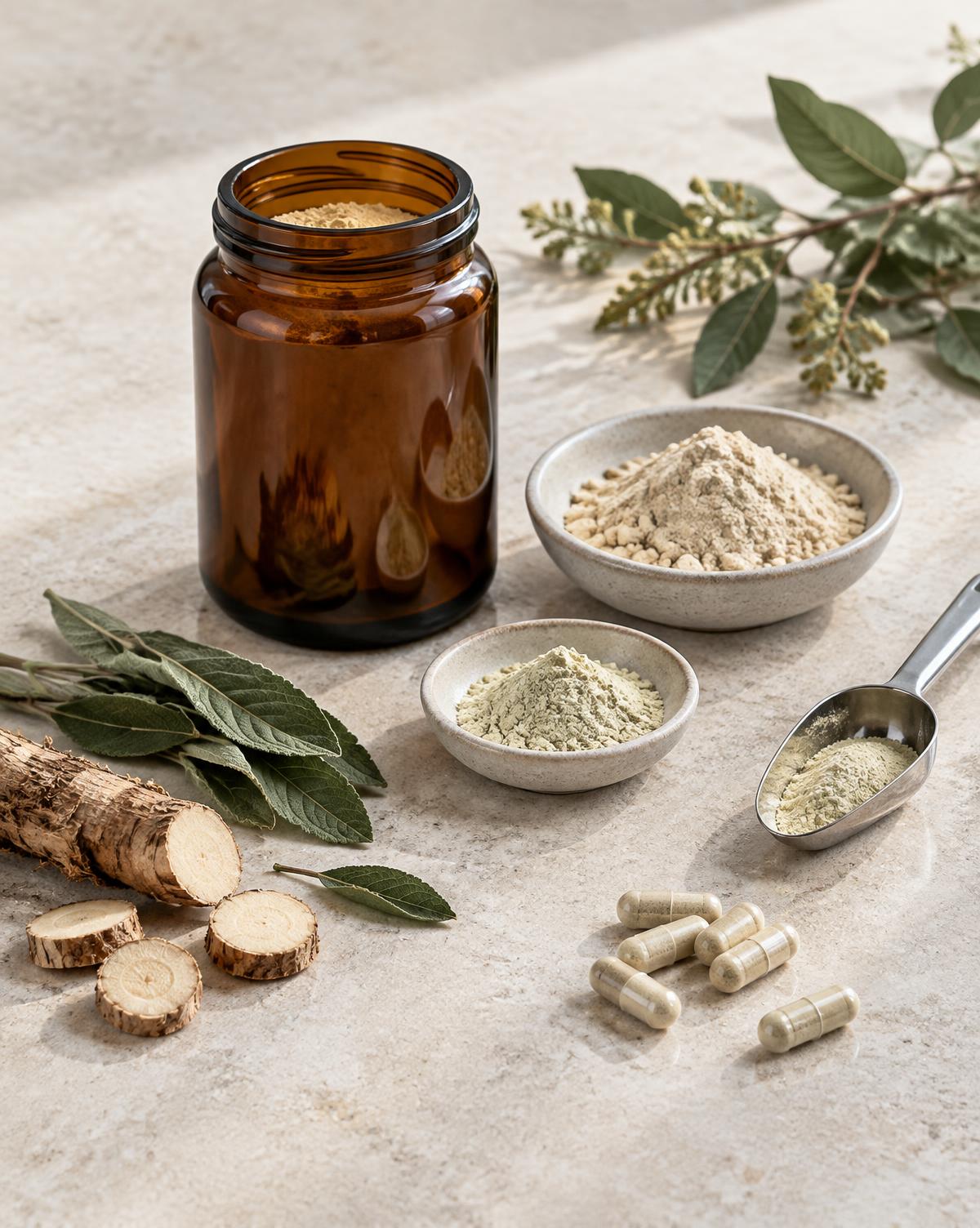 Botanical leaves and cut roots beside extract powders, an amber ingredient jar, a weighing scoop and powder-filled capsules