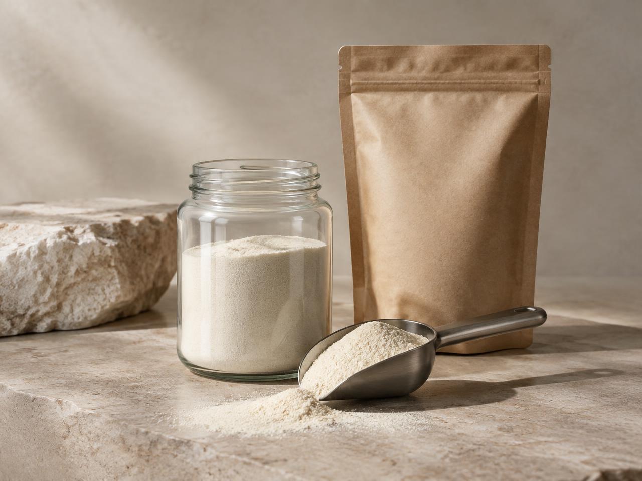 Off-white collagen powder in a steel scoop beside a glass jar of powder and a blank kraft doypack