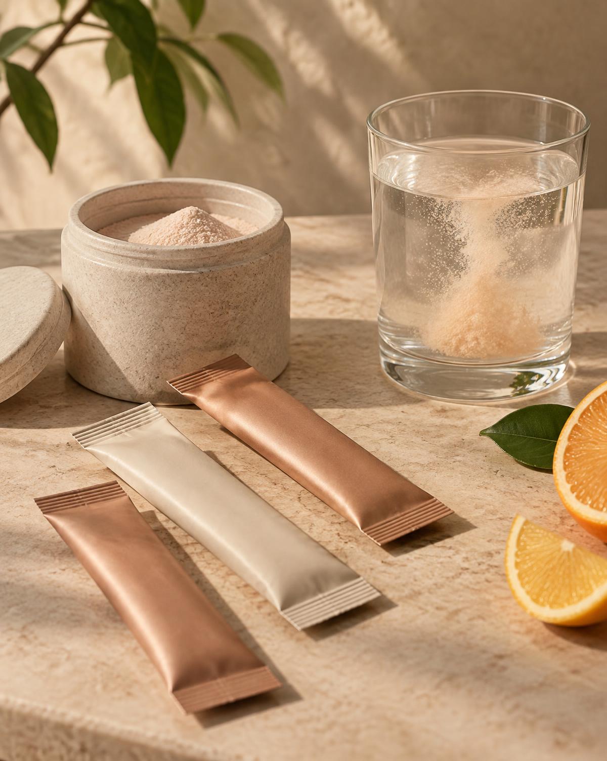 Blank stick pack sachets beside a jar of pale powder and a glass of water with dissolving powder