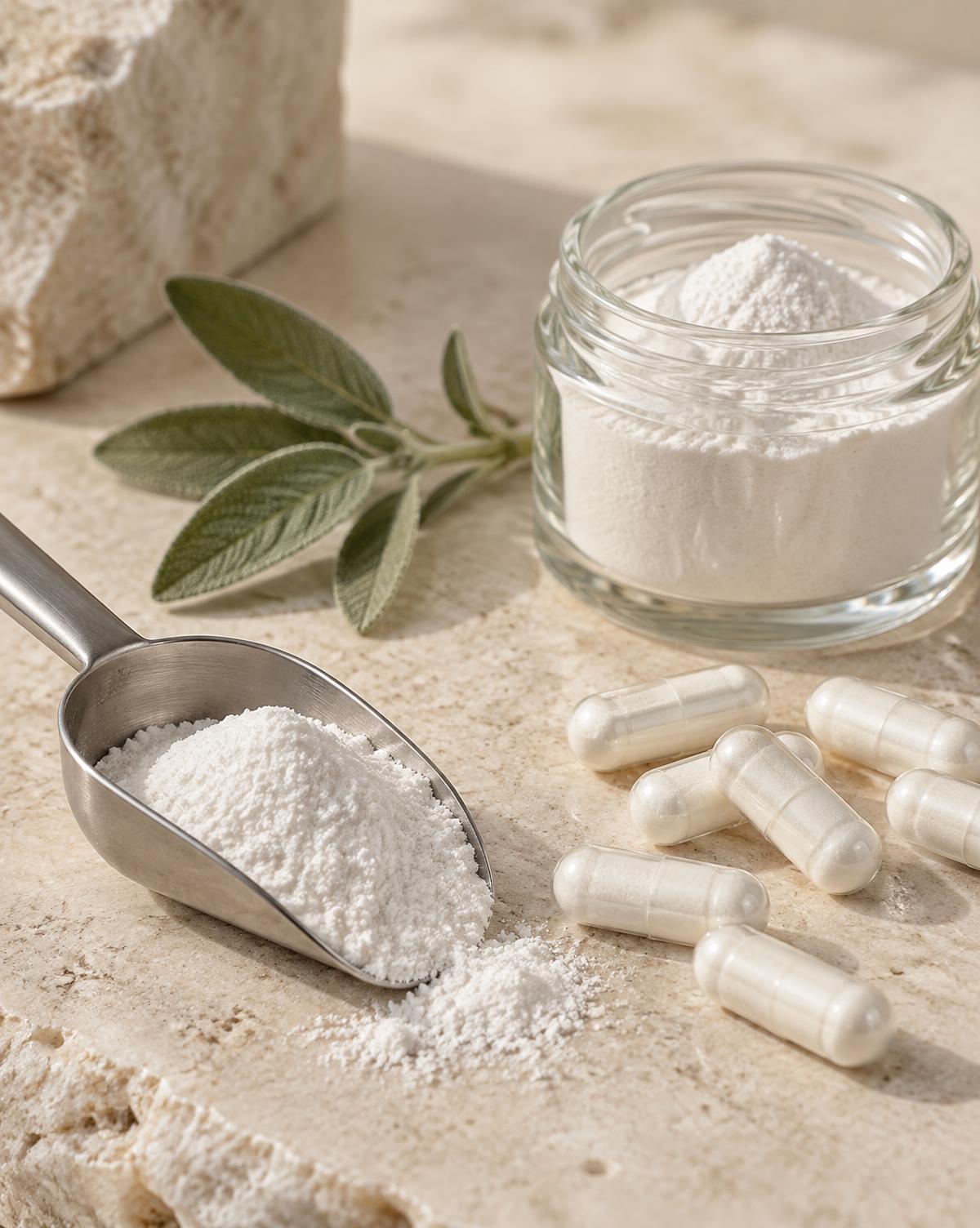 White magnesium powder in a steel scoop and glass jar beside white powder-filled capsules
