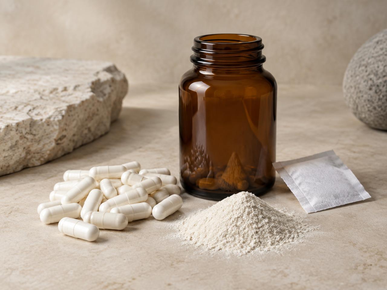 White capsules and a mound of pale powder beside an amber glass bottle and a small desiccant sachet