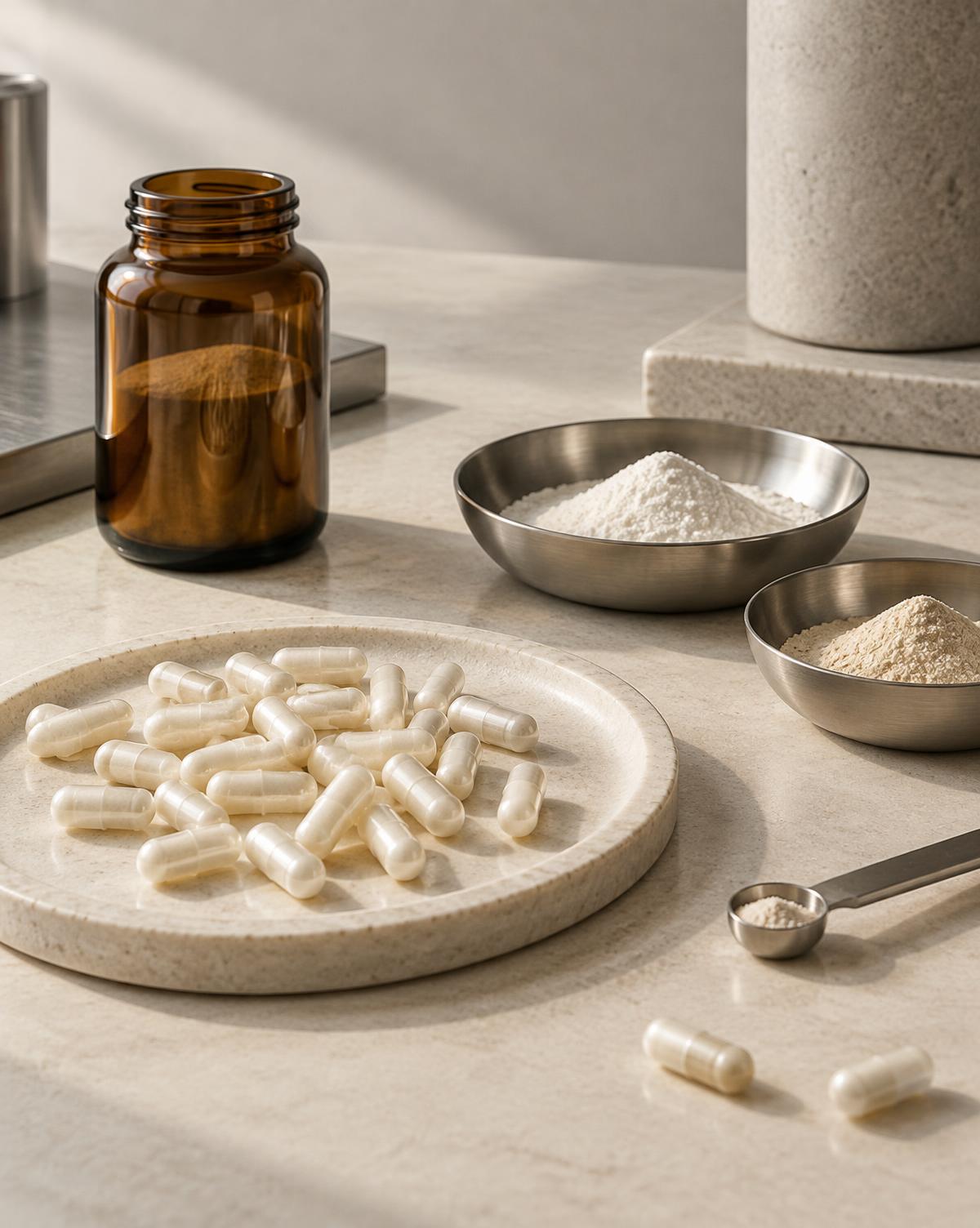 Neutral HPMC capsules, pale vitamin and mineral powders, weighing dishes and amber ingredient jar on a stone work surface