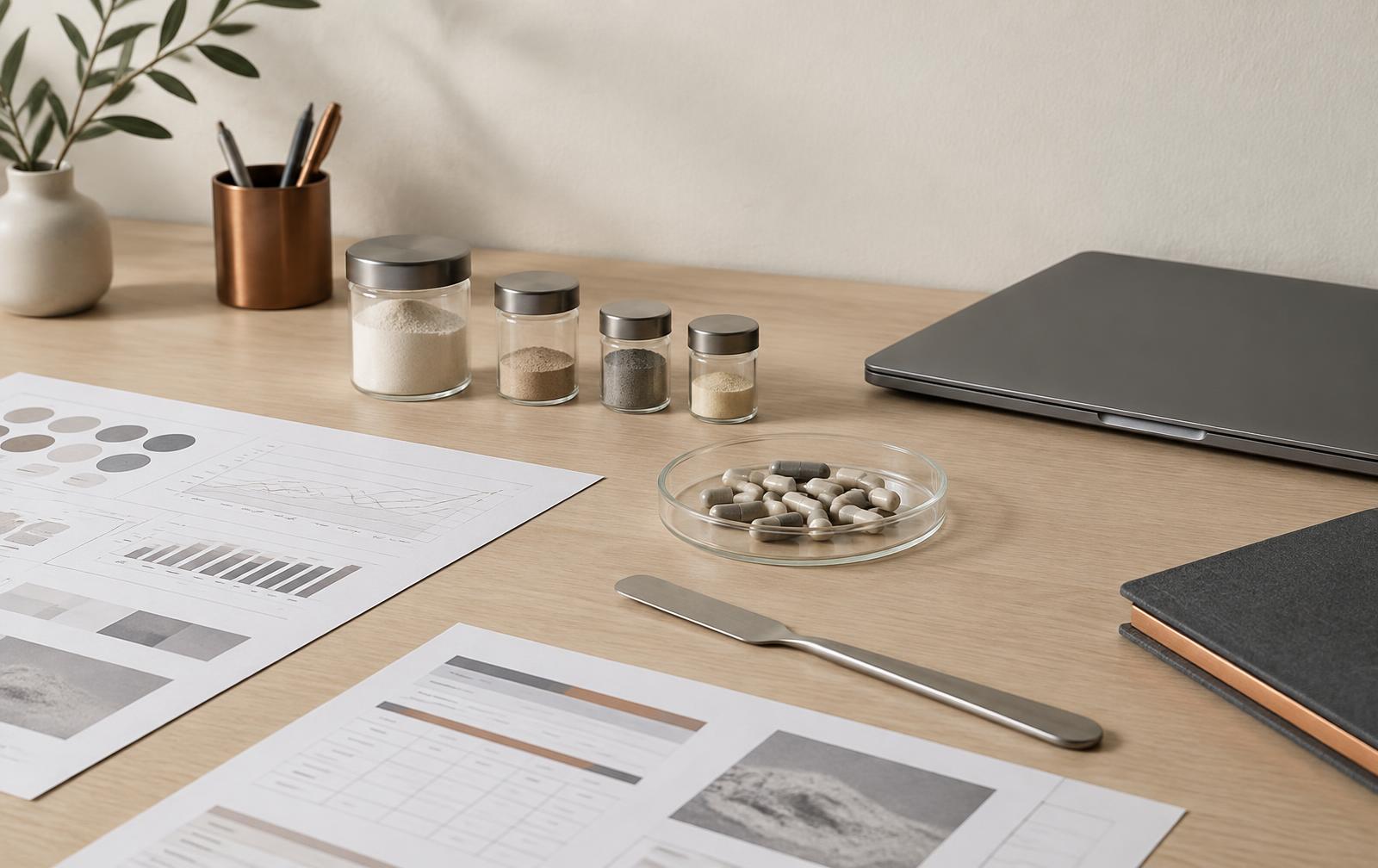 Formulation workspace with powder samples, capsules and specification sheets
