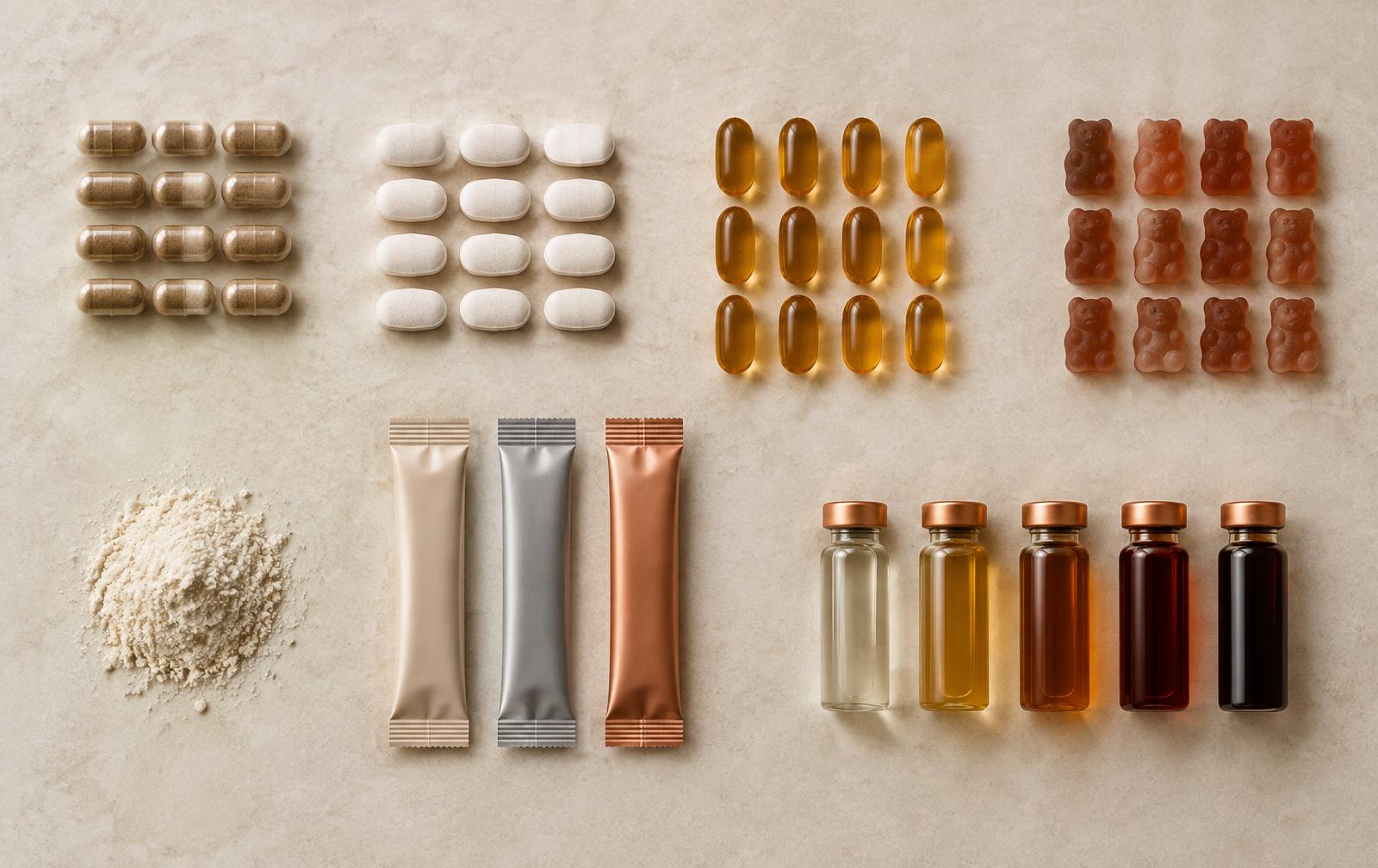 Capsules, tablets, softgels, gummies, powder, stick packs and liquid shots arranged in a grid