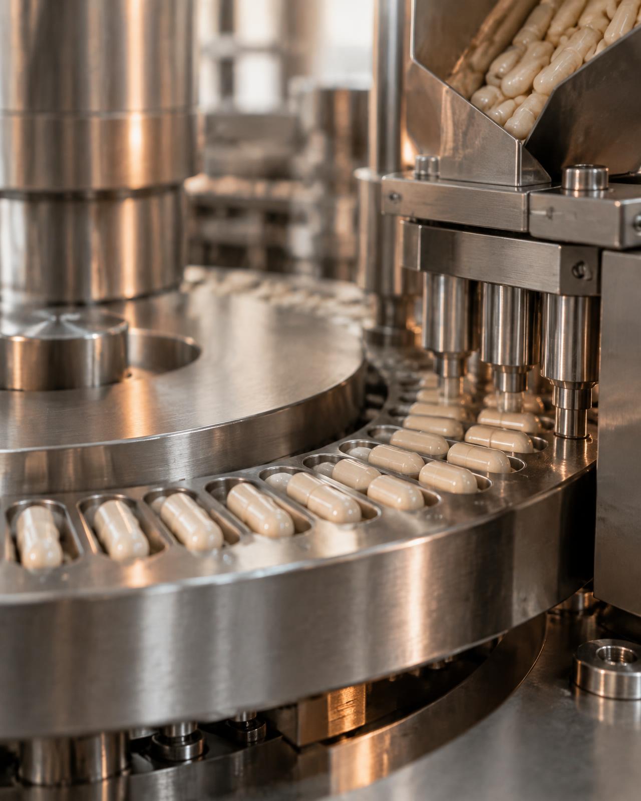 Stainless-steel capsule filling equipment in a nutraceutical production line