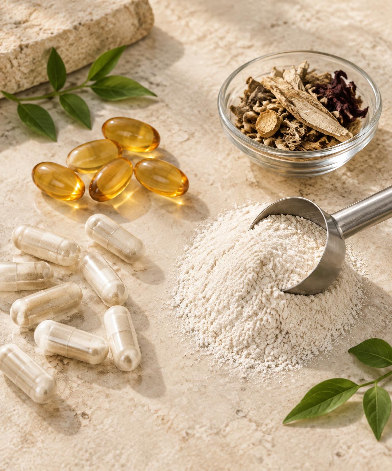 Capsules, softgels, powder and raw botanical materials on stainless steel