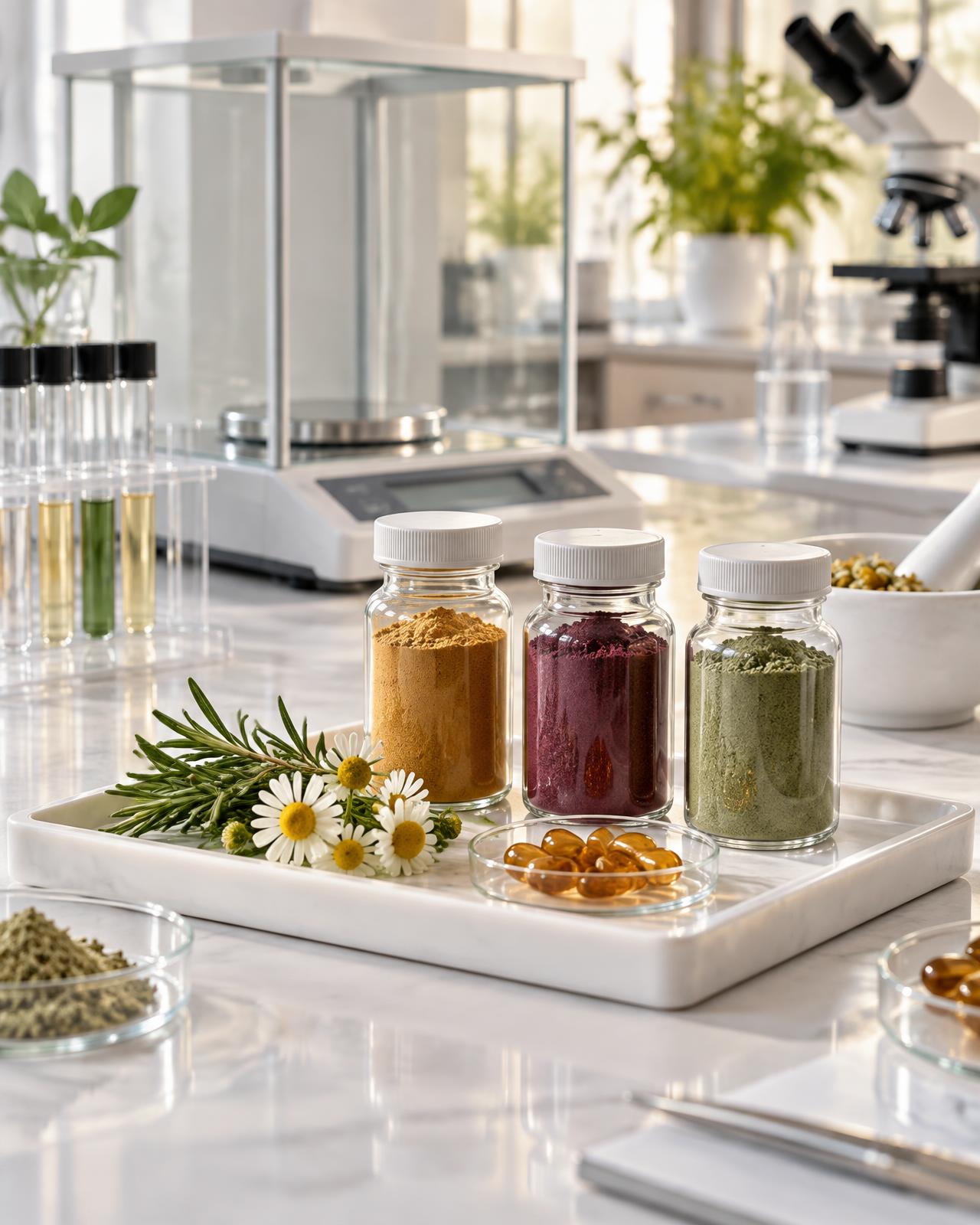 Analytical balance, powder sample vials and softgels in a quality control laboratory